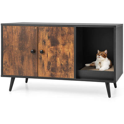 PETSITE Litter Box Enclosure, Wooden Hidden Litter Box Furniture with Cabinet & Scratching Pad, Stackable Cat Washroom Pet House End Table