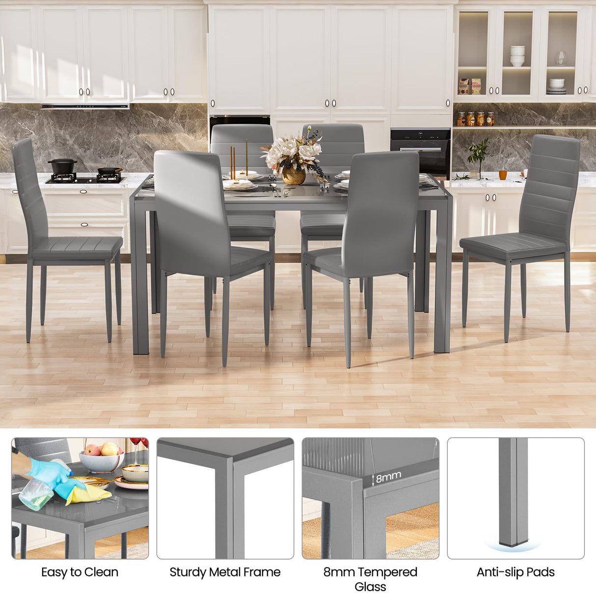 DKLGG 7-Piece Dining Table Set for 6, Tempered Glass Kitchen Table with PU Leather Chairs, Modern Dining Room Table Set for Small Space, Dinette, Apartment, Grey DKLGG