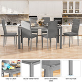 DKLGG 7-Piece Dining Table Set for 6, Tempered Glass Kitchen Table with PU Leather Chairs, Modern Dining Room Table Set for Small Space, Dinette, Apartment, Grey DKLGG