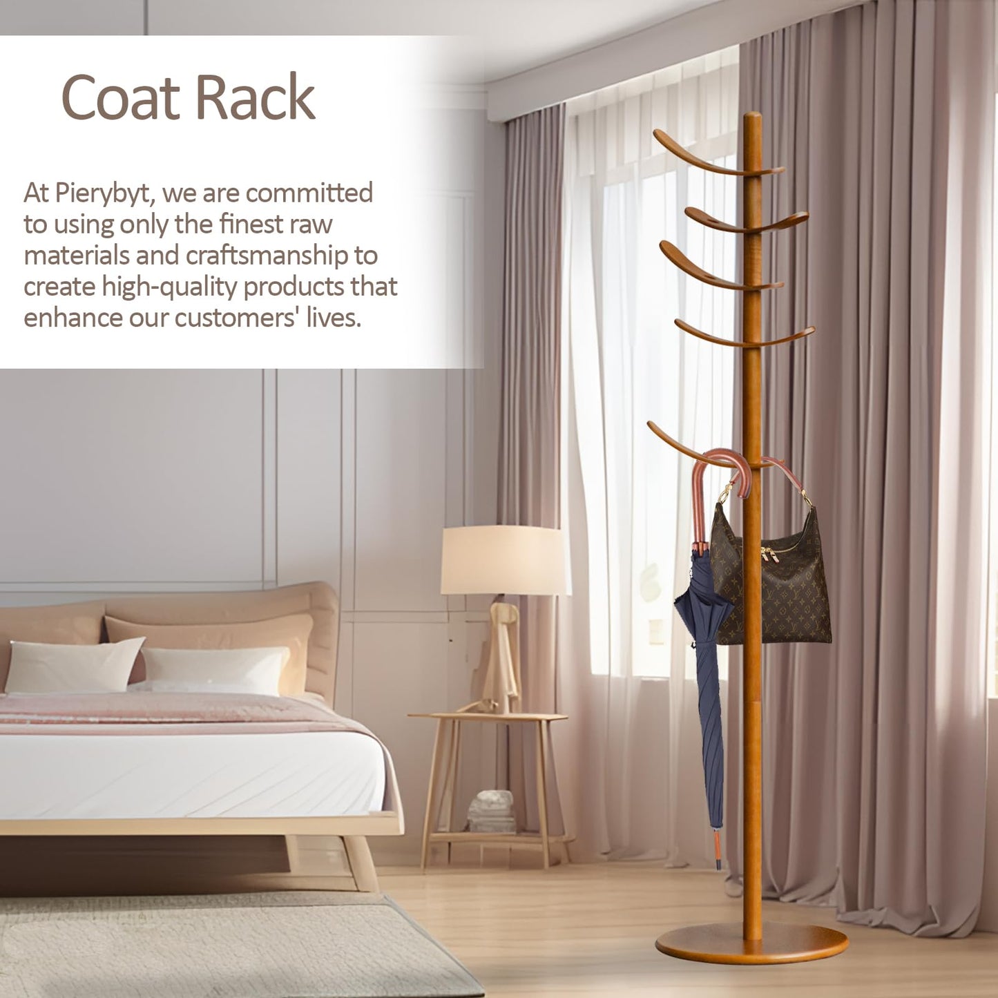 Pieryakers Wooden Coat Rack,Wood Coat Rack Stand with 5 Hooks,Freestanding Coat Rack Coat Tree, Easy to Assemble, For Entryway, Bedroom, Office,Coat, Bag (Walnut) - WoodArtSupply