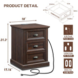 IFGET Farmhouse Nightstand with Charging Station, 3 Drawer Dresser for Bedroom, Rustic Wood Bedside Table with Drawers, Small End Table Side Table for Living Room, Closet, Hallway, Brown IFGET