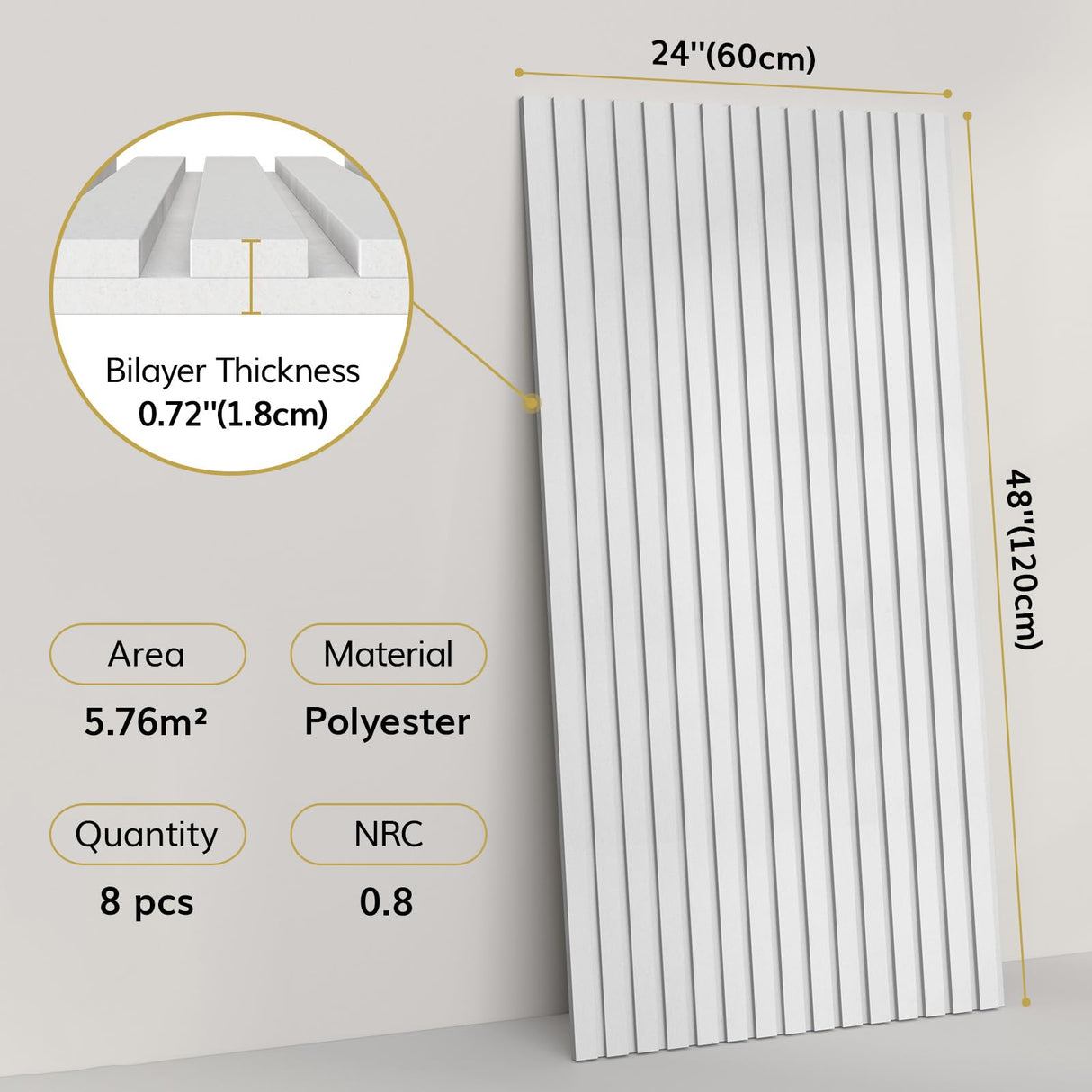 TONOR 8-Pack Bilayer Acoustic Panels Large Self-adhesive, 48” * 24” * 0.72” Adhesive Wall Panel, Large Soundproof Tiles for Echo Absorbtion, Acoustical Barrier of Polyester Fiber, White TONOR