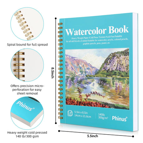 Phinus 30 Sheets Watercolor Sketchbook 5.5 x 8.5 Inch, Watercolor Paper Cold Press (140lb/300gsm), Spiral Bound Water Color Pad for Adults Kids, Mixed Media, Markers and Art Journaling Phinus