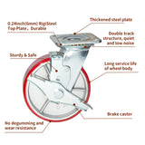Nisorpa 8 inch Heavy Duty Caster Set of 4 Red Polyurethane Steel Caster Wheels Flat Free for Industrial Trailer Furniture - 2 with Brakes and 2 without Brakes Nisorpa