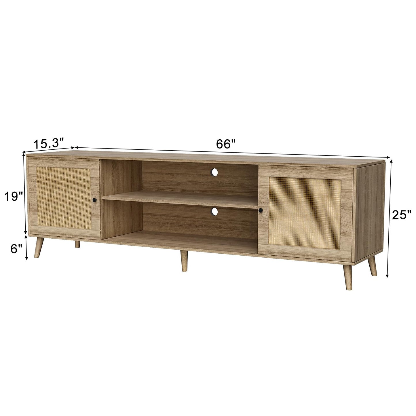 GEBAROW TV Stand for 75+ Inch TV, Entertainment Center with Adjustable Shelf, Rattan TV Console with 2 Storage Cabinets, Mid Century Modern TV Console Table for Living Room Bedroom - WoodArtSupply