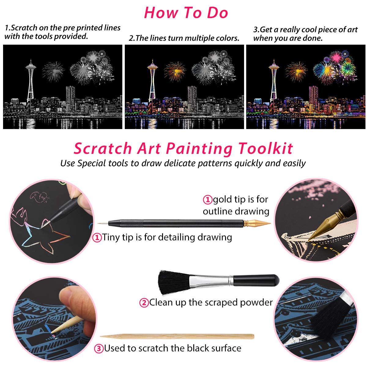Scratch Art for Teens & Adults, Rainbow Engraving Painting Landscape Scratchboard(A4) Crafts Set: 8 Sheets with 4 tools - New York, Statue of Liberty, Golden Gate Bridge, Manarola (America / Europe) AP ARTSPER