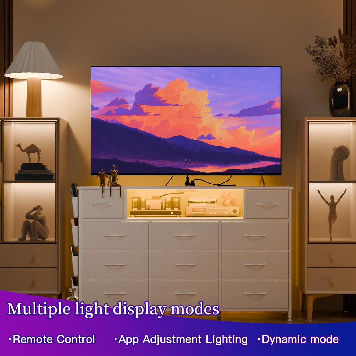 Fixwal White Dresser for Bedroom with Power Outlets and LED Lights 11 Drawers Dresser with Side Pocket for Kids Bedroom, Fabric Chest of Drawers, for 60inch TV Long Dresser Storage Organizer Fixwal