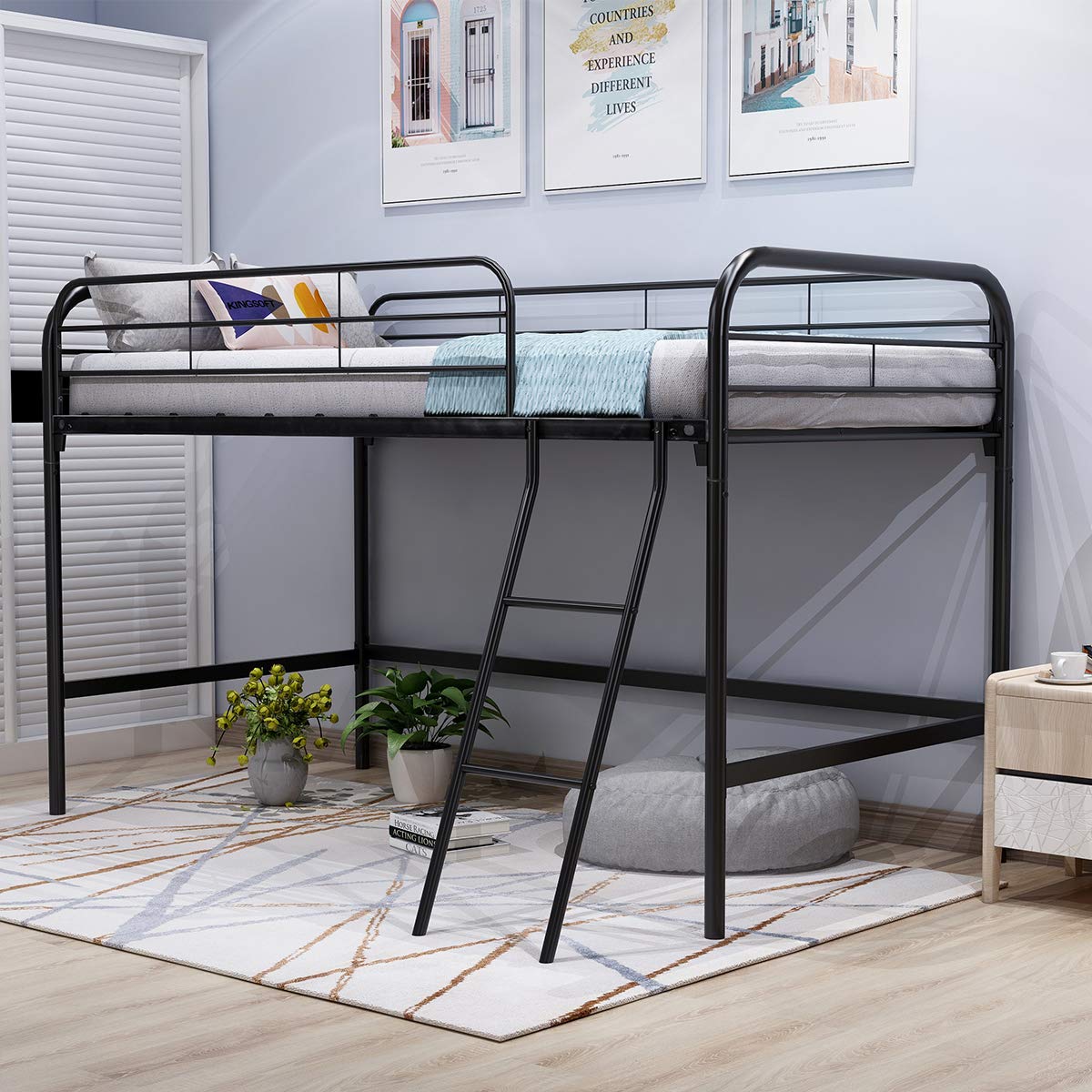 JURMERRY Metal Loft Twin Bed with Sturdy Steel Frame, High Sleeper Multipurpose Use Full-Length Guardrails & One Integrated Ladders Space- with Strong Board Slats,Black JURMERRY