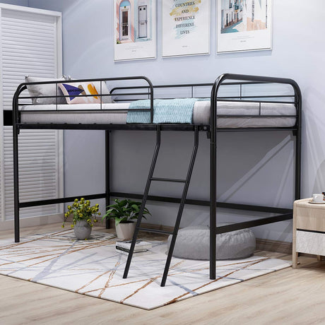 JURMERRY Metal Loft Twin Bed with Sturdy Steel Frame, High Sleeper Multipurpose Use Full-Length Guardrails & One Integrated Ladders Space- with Strong Board Slats,Black JURMERRY