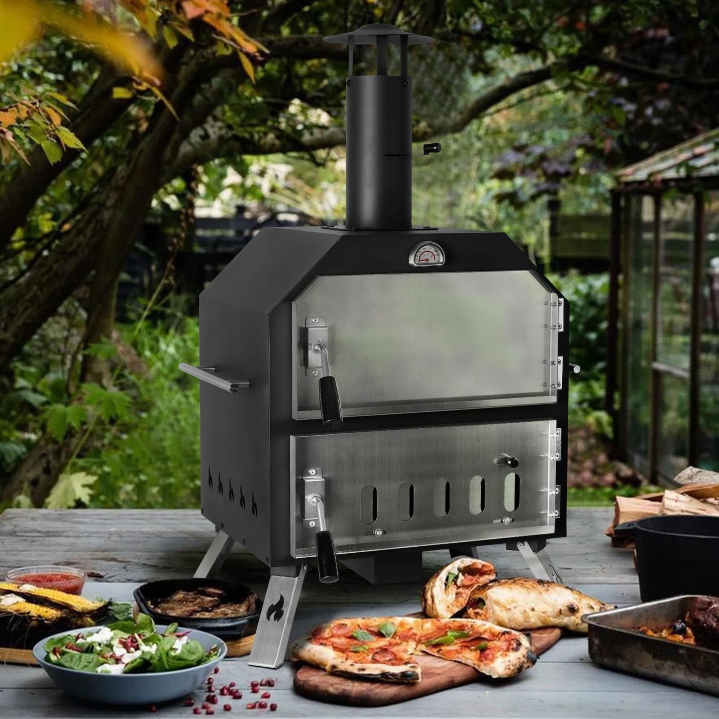 12’’ Outdoor Pizza Oven Wood Fired Pizza Oven Portable Patio Ovens Included Pizza Stone, Pizza Peel, Fold-up Legs, Cover Cooking Rack for Camping Backyard BBQ