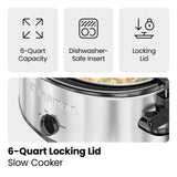 Chefman 6 Quart Slow Cooker with Locking Lid, Ceramic Crock with Portable Cook and Carry Travel Latching Lock, Large Easy Clean Dishwasher Safe Pot Insert, Manual 3 Heat Settings, Stainless Steel Chefman
