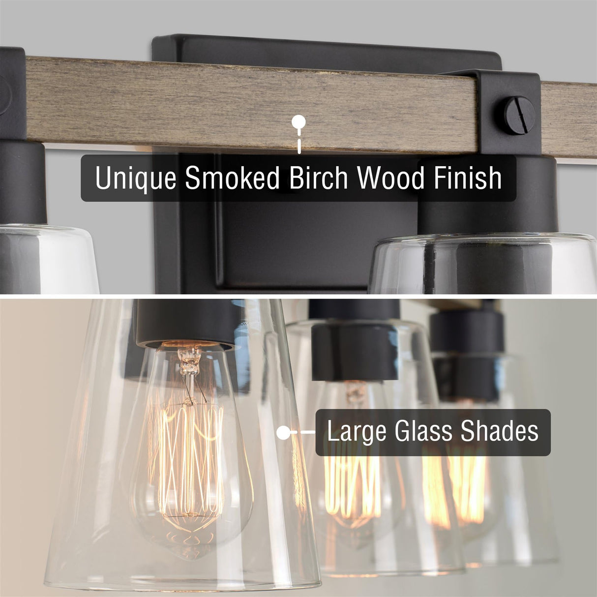 Kira Home Asher 23" 3-Light Farmhouse Vanity/Bathroom Light + Funnel Glass Shades, Smoked Birch Wood Style + Black Finish Kira Home