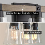 Kira Home Asher 23" 3-Light Farmhouse Vanity/Bathroom Light + Funnel Glass Shades, Smoked Birch Wood Style + Black Finish Kira Home