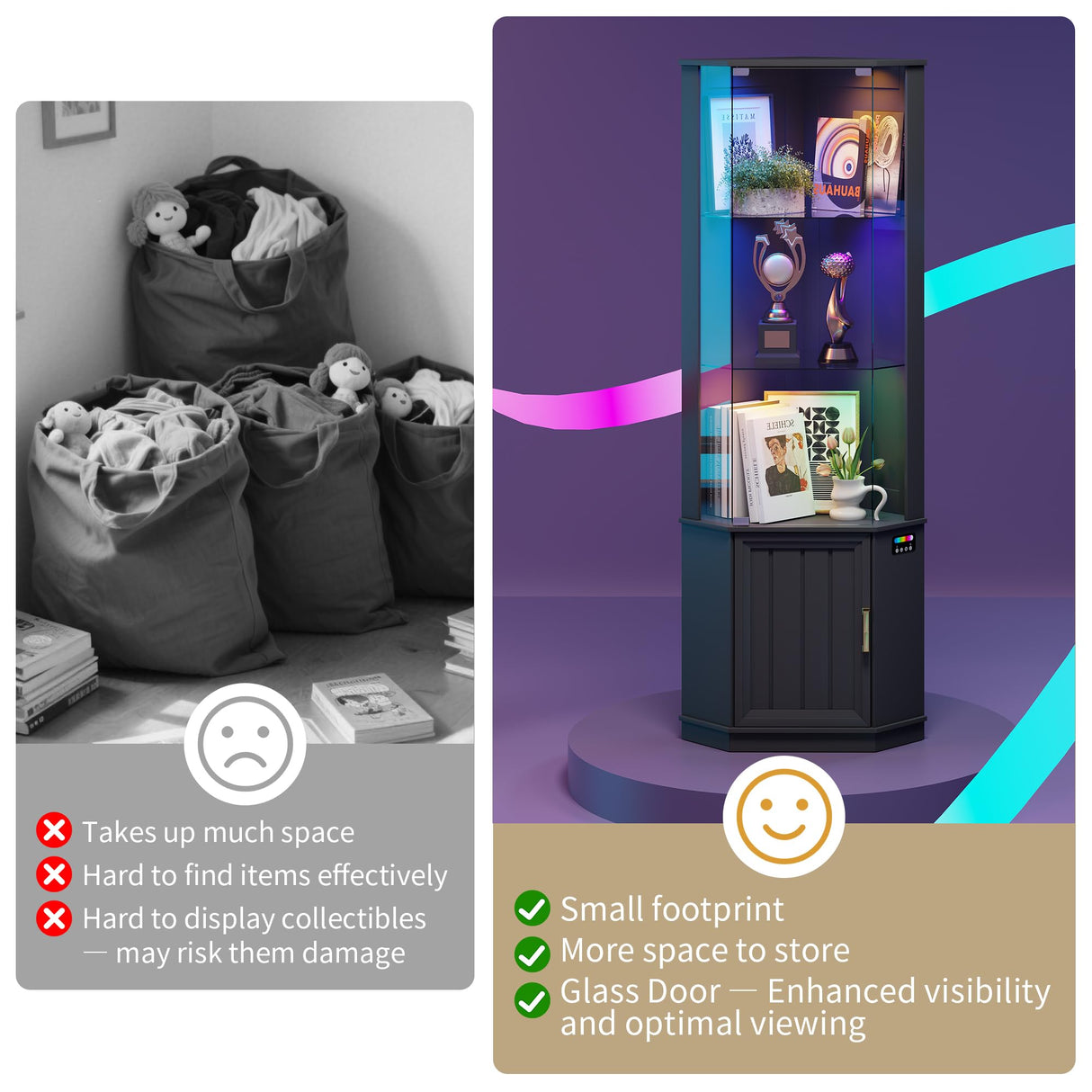 HNEBC 69" Tall Curio Display Cabinet with Glass Door and Movable Shelves,Corner Bookcase with LED Human Sensor Lights,5-Tier RGB Display Case for Collectibles,Bedroom Living Room HNEBC