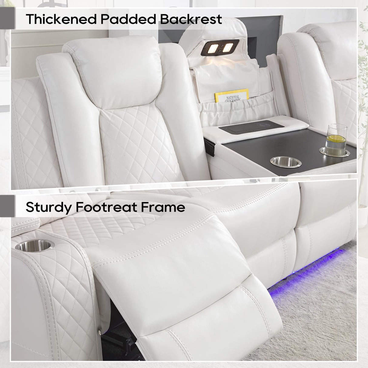 Power Recliner Sofa Set with Bass Speaker for Living Room,Faux Leather 3 Seater Reclining Sofa and Loveseat Seating Couch w/ Wireless Charger,Reading Light,LED Lights,Home Theater Love seat Sets,White Comfort Stretch