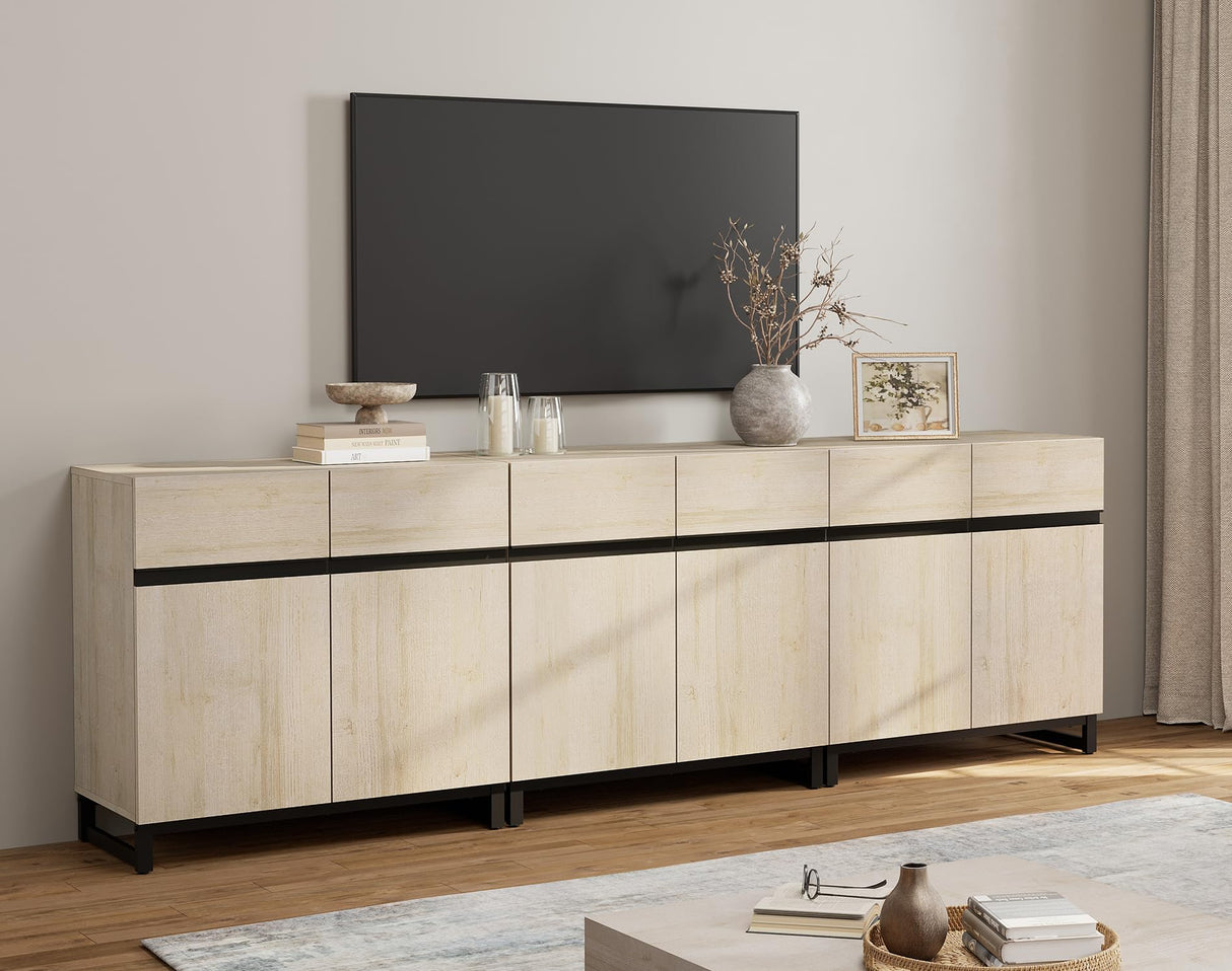 WAMPAT Modern TV Stand for TVs Up to 110 Inch, 3 in 1 Wood Entertainment Center Console Table With Adjustable Shelves and Metal Base for Living Room, Bedroom, Light Oak WAMPAT