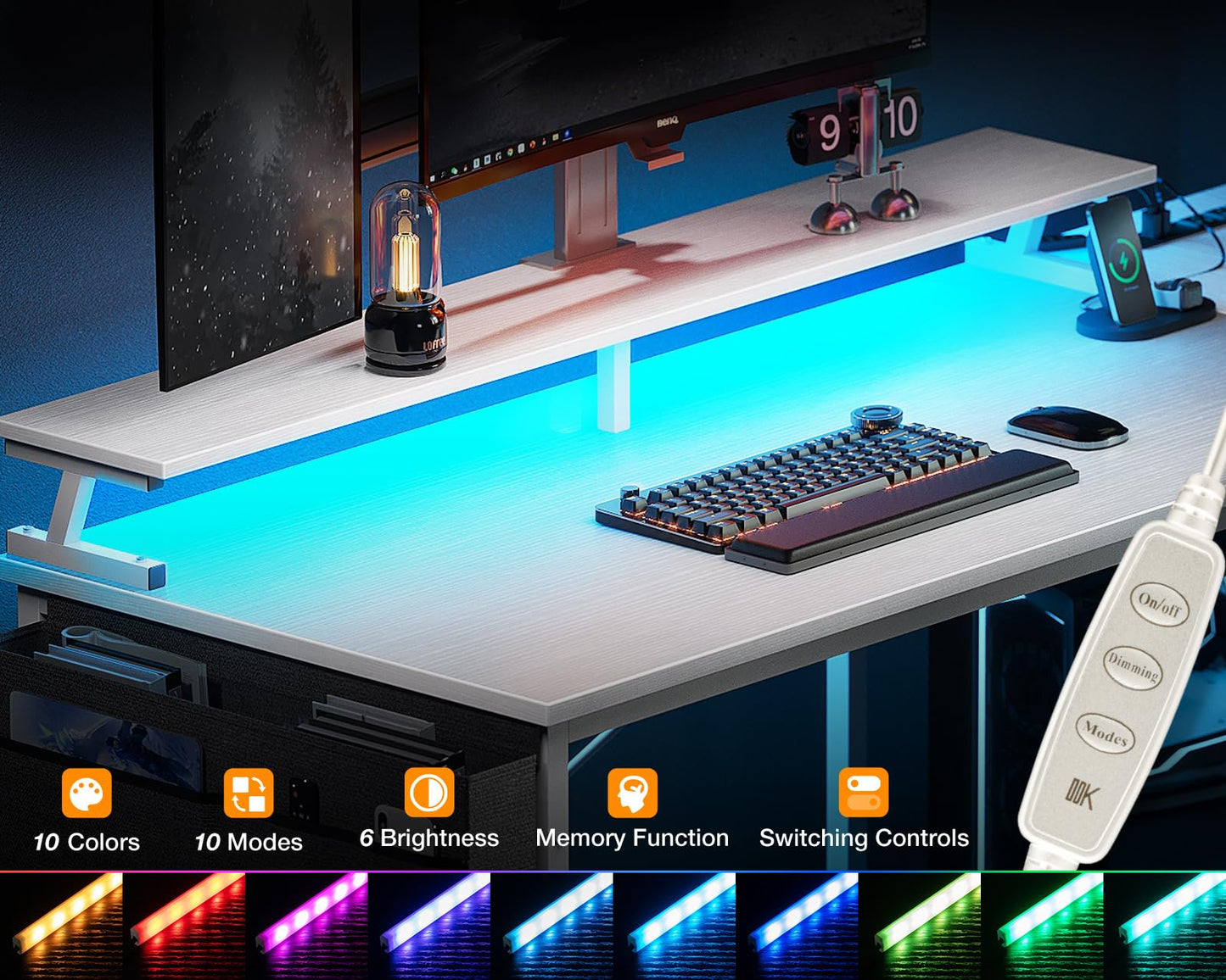 ODK 58 Inch L-Shaped Gaming Desk with LED Lights, USB Charging Ports, and Storage Solutions in Pure White - WoodArtSupply