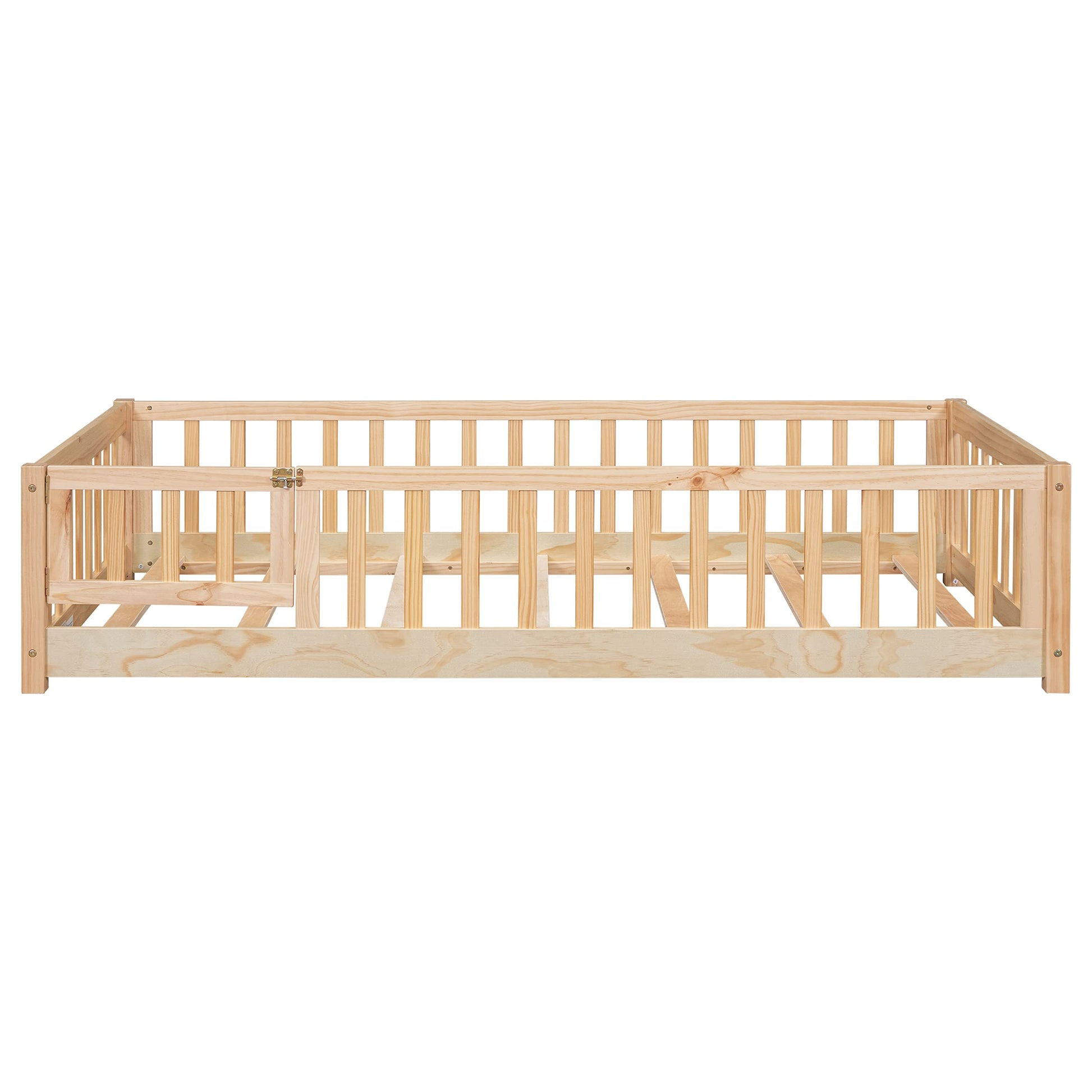 Bellemave Natural Twin Size Montessori Floor Bed with Door, Fence, and Removable Slats for Kids - WoodArtSupply