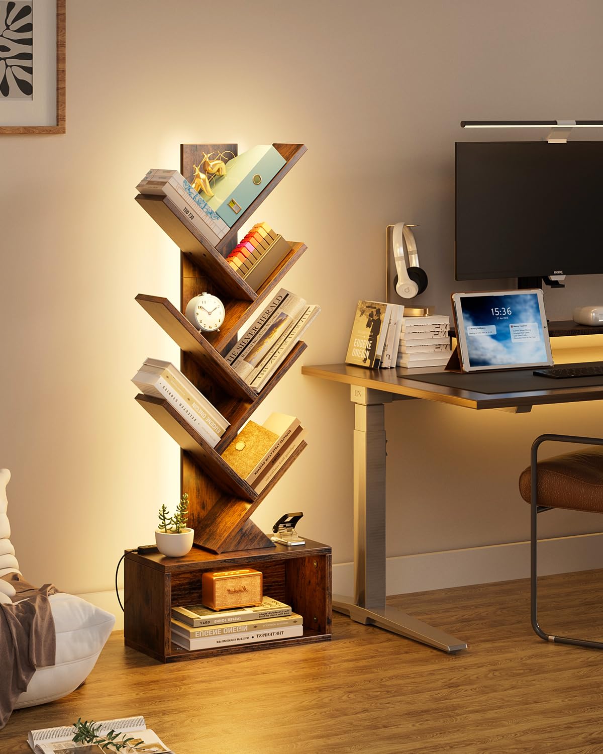 Evermagin 6 Tier Tree Bookshelf with Lights, LED Book Tree Bookshelf with Storage Organizer, Small Corner Bookcase Floor Standing Book Shelf for Living Room, Bedroom & Home Office, Rustic Brown Evermagin