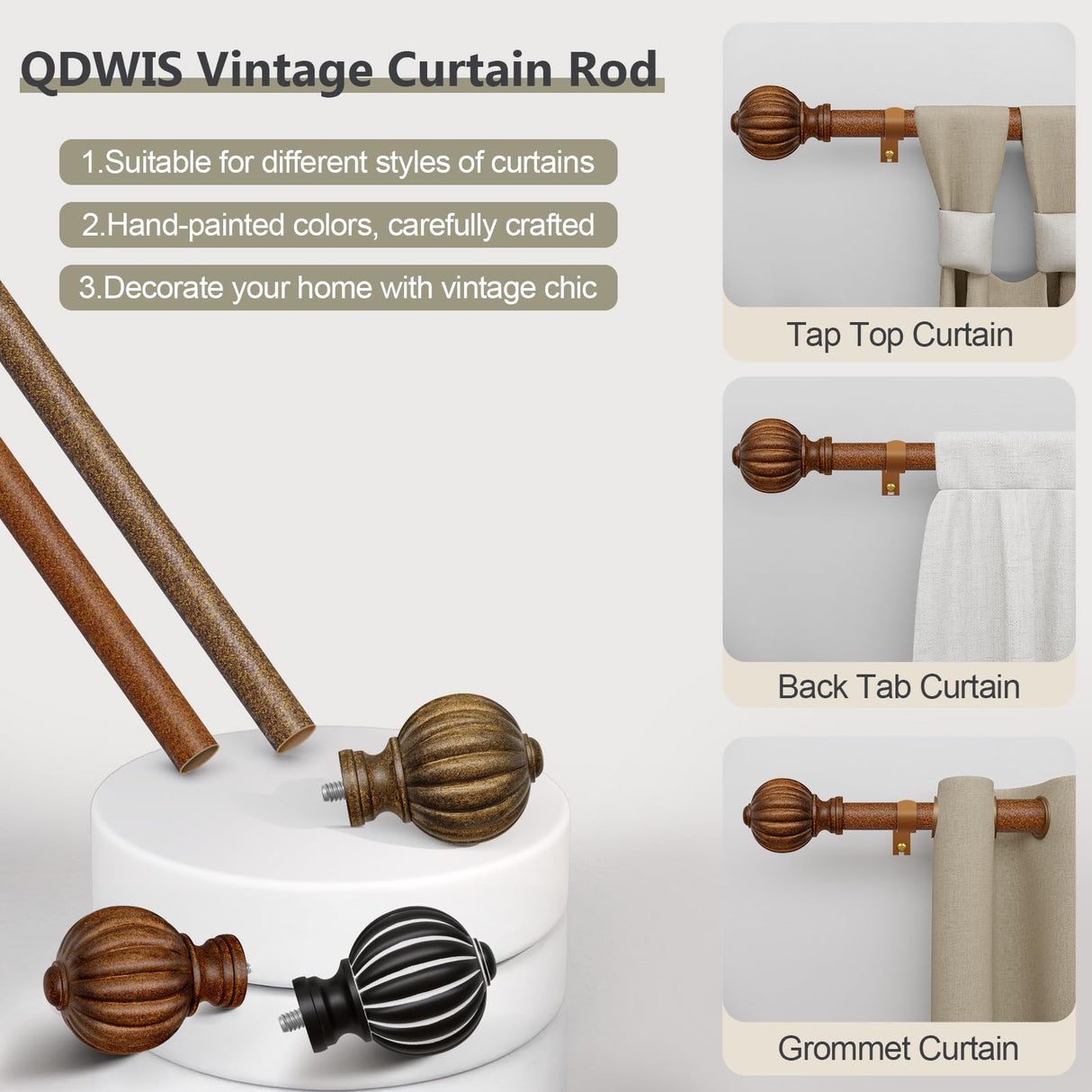 QDWIS Curtain Rods for Windows 28 to 48 Inch, 1 Inch Wood Adjustable Heavy Duty Decorative Drapery Rods with Classic Finials, Imitation Red Wood Window Curtain Pole, 18-45'' QDWIS