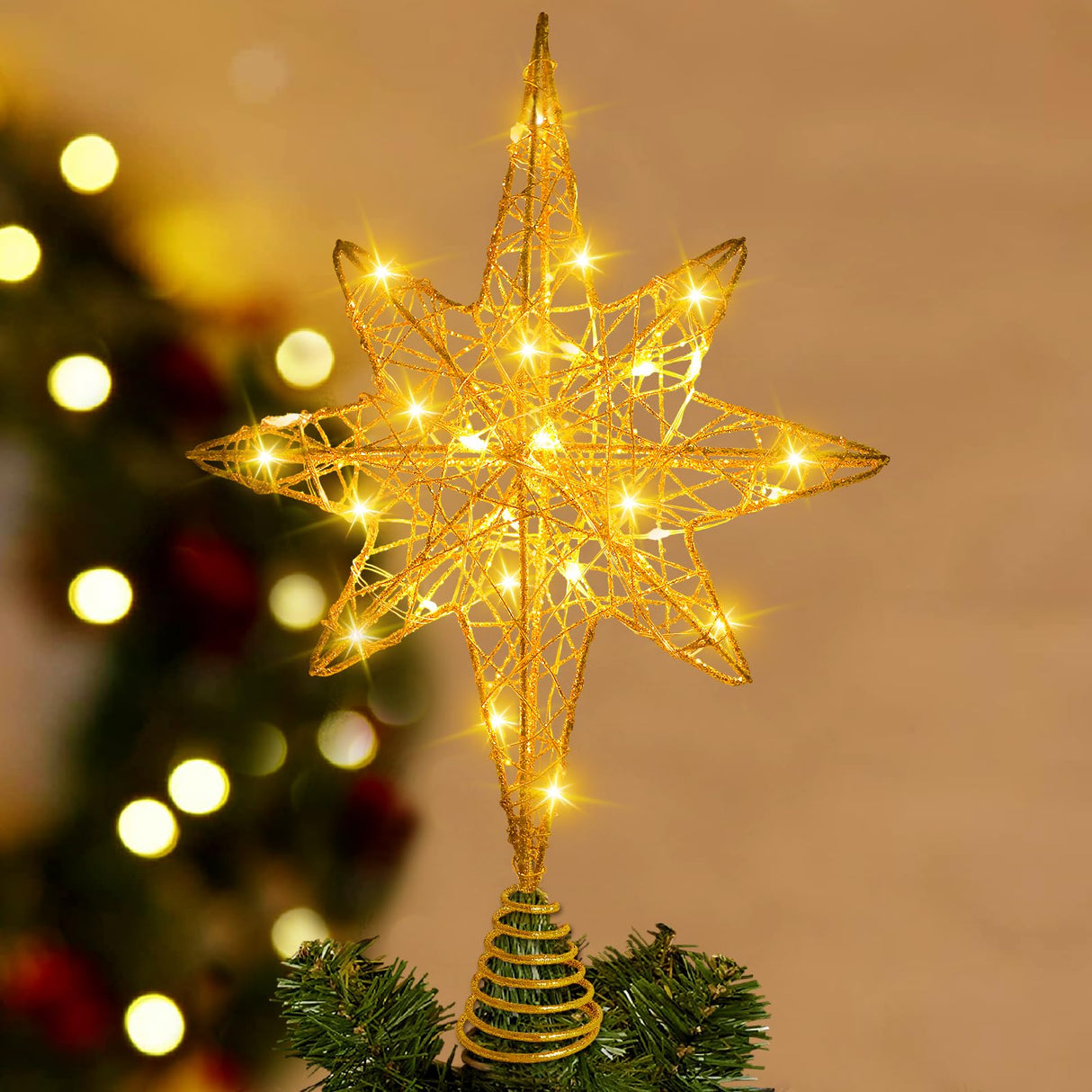 DULEFUN Christmas Tree Topper Lighted 13.5” Gold Star Tree Toppers with 20 LED Lights Christmas Tree Top Ornament for New Year Holiday Home Office Indoor Decorations DULEFUN