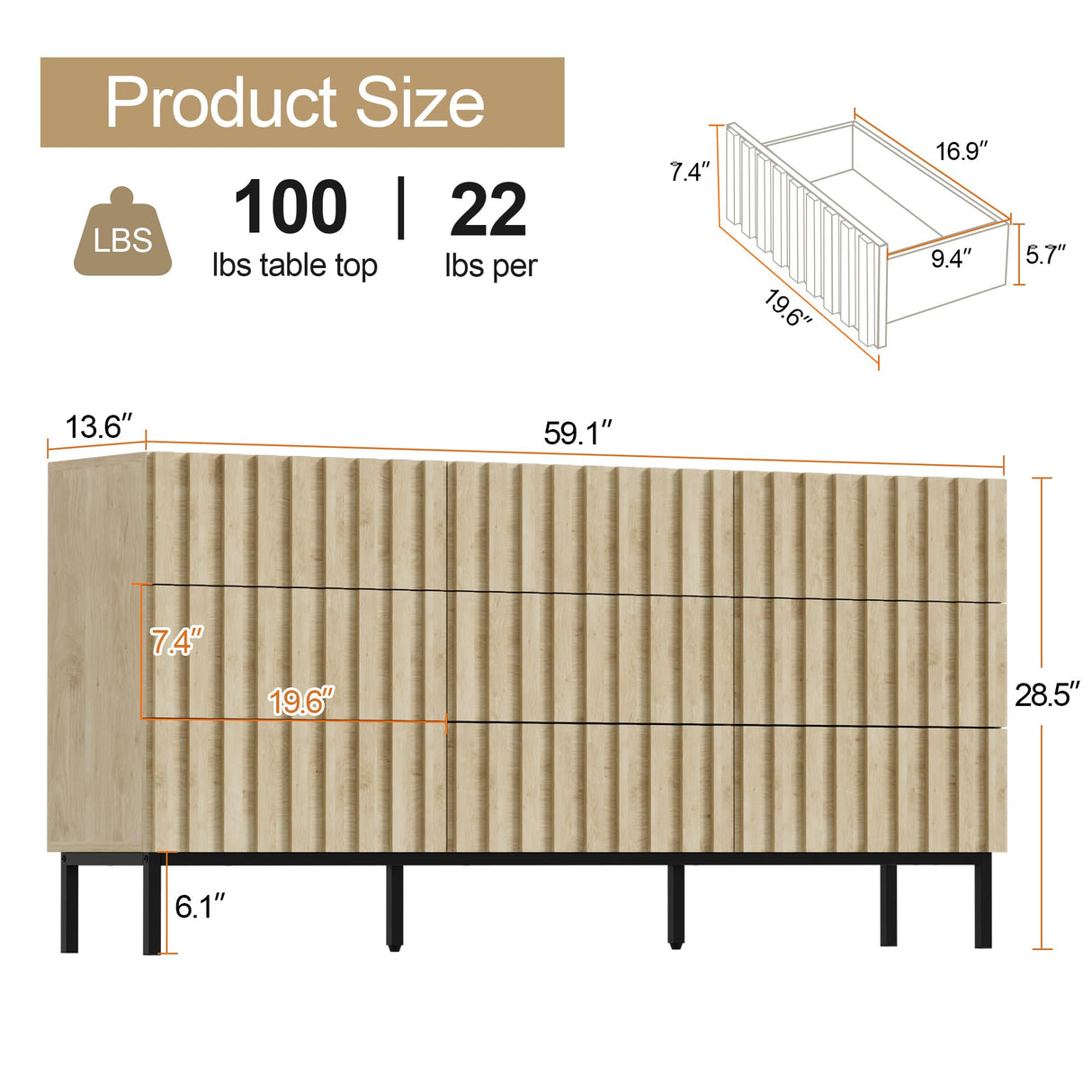UEV 59" Long Fluted Dresser for Bedroom, Mid Century Wooden 9 Drawer Dresser, Accent Modern Chest of Drawers TV Stand for Bedroom, Hallway (Ivory White) UEV