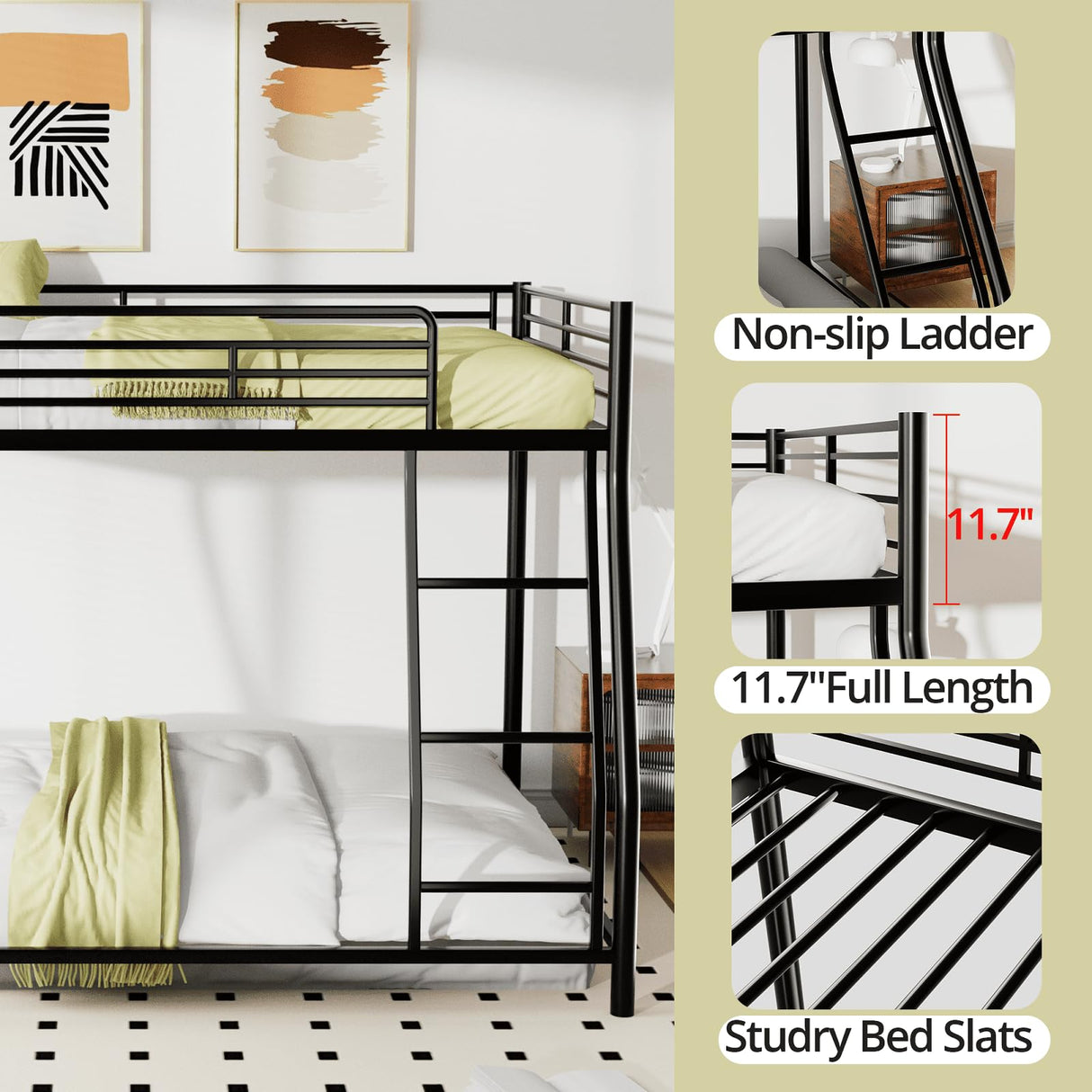 TURRIDU Full XL Over Queen Bunk Bed, Heavy Duty Metal Bunk Bed Frame with Full-Length Guardrails & Ladders, Bedroom Bunk Bed for Teens, Adults, Noise Free, Black TURRIDU