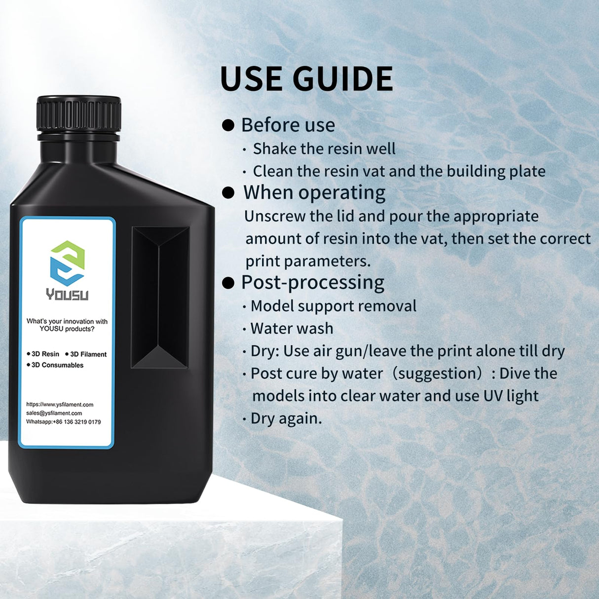 YOUSU Water-Washable Low Odor LCD 3D Printer Resin UV-Curing 405nm 3D Resin Suitable for Mono Screen and RGB Screen High Resolution 3D Printing Liquid Gray Color 1000g Yousu