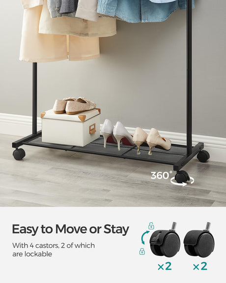 SONGMICS Clothes Rack with Wheels, Clothing Rack for Hanging Clothes, 25.4 mm Metal Garment Rack with Dense Mesh Storage Shelf, 110 lb Load Capacity, 2 Brakes, Black UHSR25BK SONGMICS