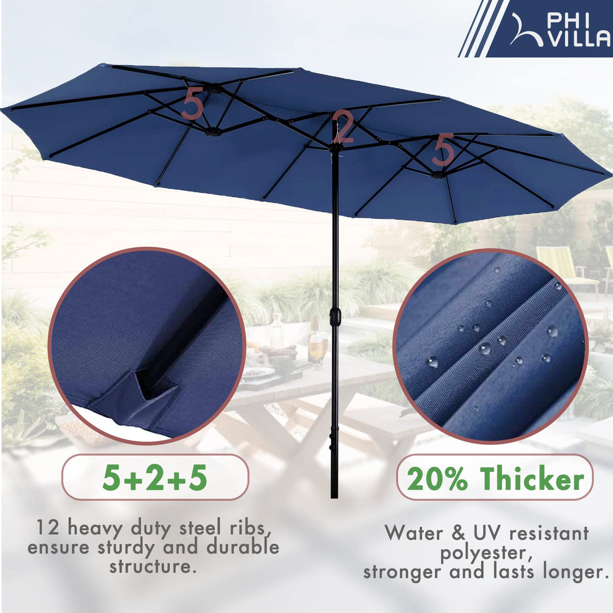 PHI VILLA 7 Piece Patio Dining Furniture Set with Umbrella, 60” Rectangular Metal Dining Table & 6 Cushioned Rattan Wicker Chairs & 13ft Large Blue Umbrella for Outdoor, Deck, Yard, Porch PHI VILLA