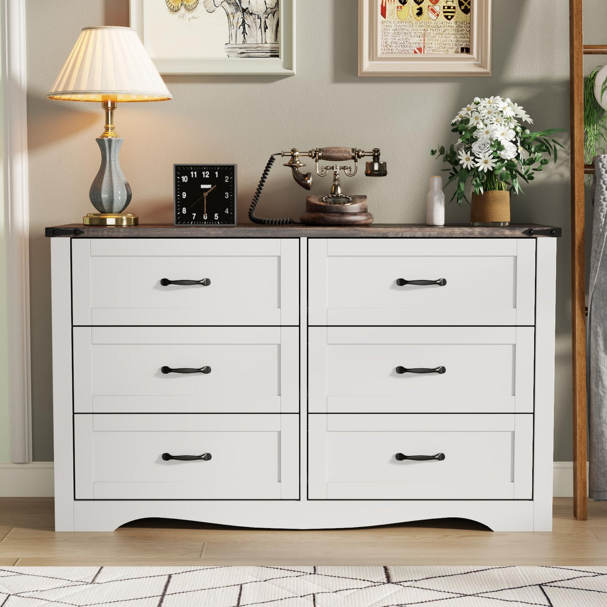 Loomie Farmhouse 6 Drawers Double Dresser for Bedroom, Modern White Dresser Chest of Drawers, Wide Dressers Organizer, Accent Storage Cabinet for Closet, Living Room, Hallway, Antique White Loomie