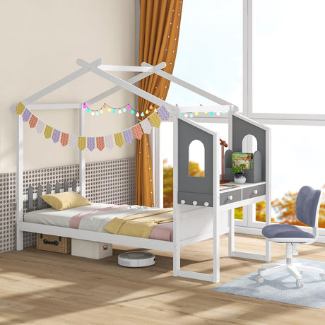 KOMFOTT Twin House Bed with Desk, Wood Montessori Bed Frame with House Roof Canopy, 2 Drawers, Modern Playhouse Bed with Fence for Kids, Teens, Girls & Boys, No Box Spring Needed, White & Gray KOMFOTT