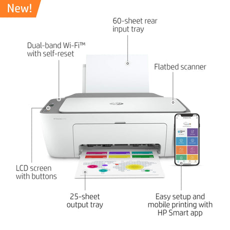 HP DeskJet 2755 All-in-One Wireless Printer Scanner Copier Instant Ink Ready Mobile Print Black 7.5ppm Color 5.5ppm Wifi Inkjet Computer Printers for Home Use and Office, 3XV17A (Renewed) HP