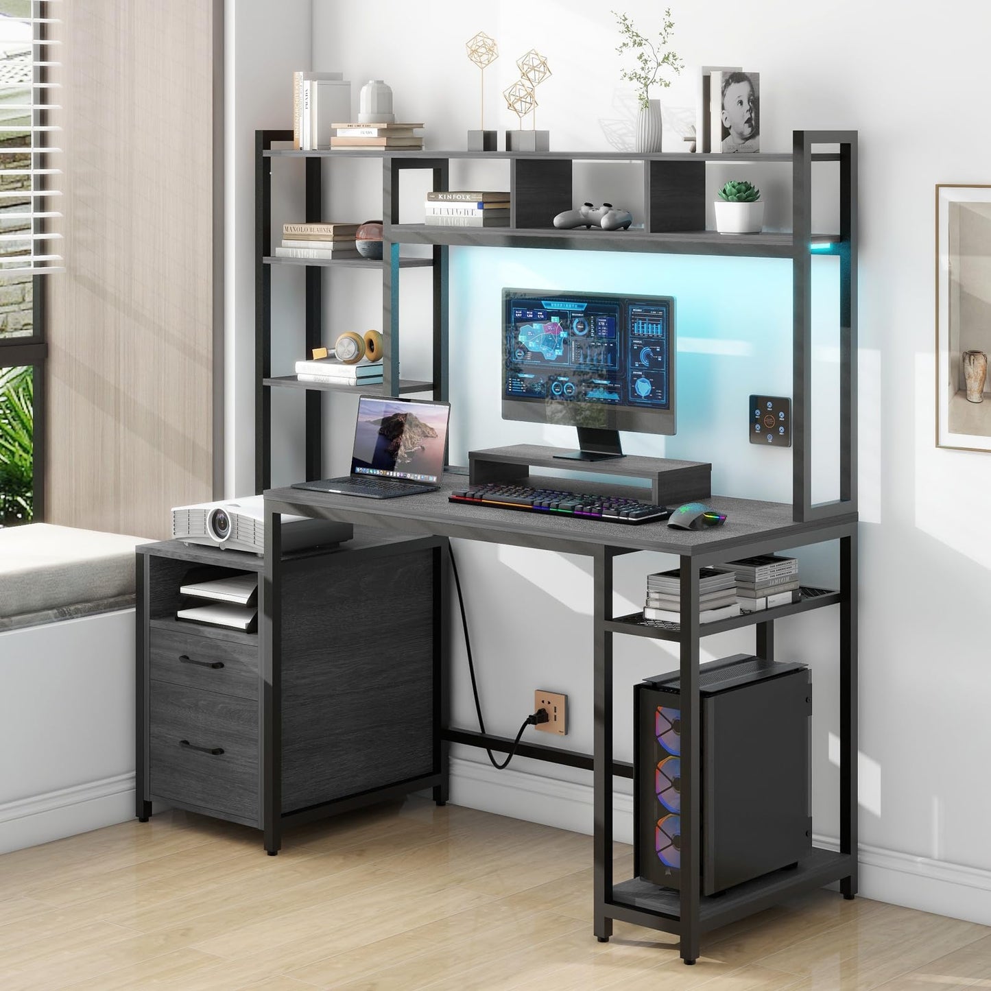 Computer Desk with Storage Shelves and 2 Drawers, 59" Gaming Desk with LED Lights & Power Outlets, Gray Home Office Desk with Hutch Monitor Stand for Study Office Writing Game