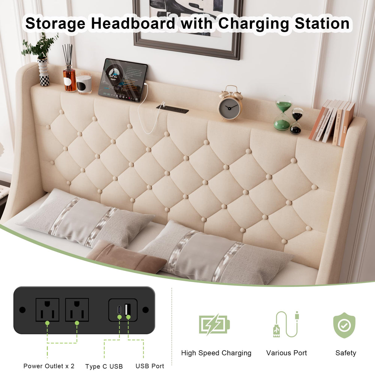 Feonase King Size Bed Frame with 4 Storage Drawers, Upholstered Storage Bed with Charging Station, Tufted Wingback Headboard, No Box Spring Needed, Beige Feonase