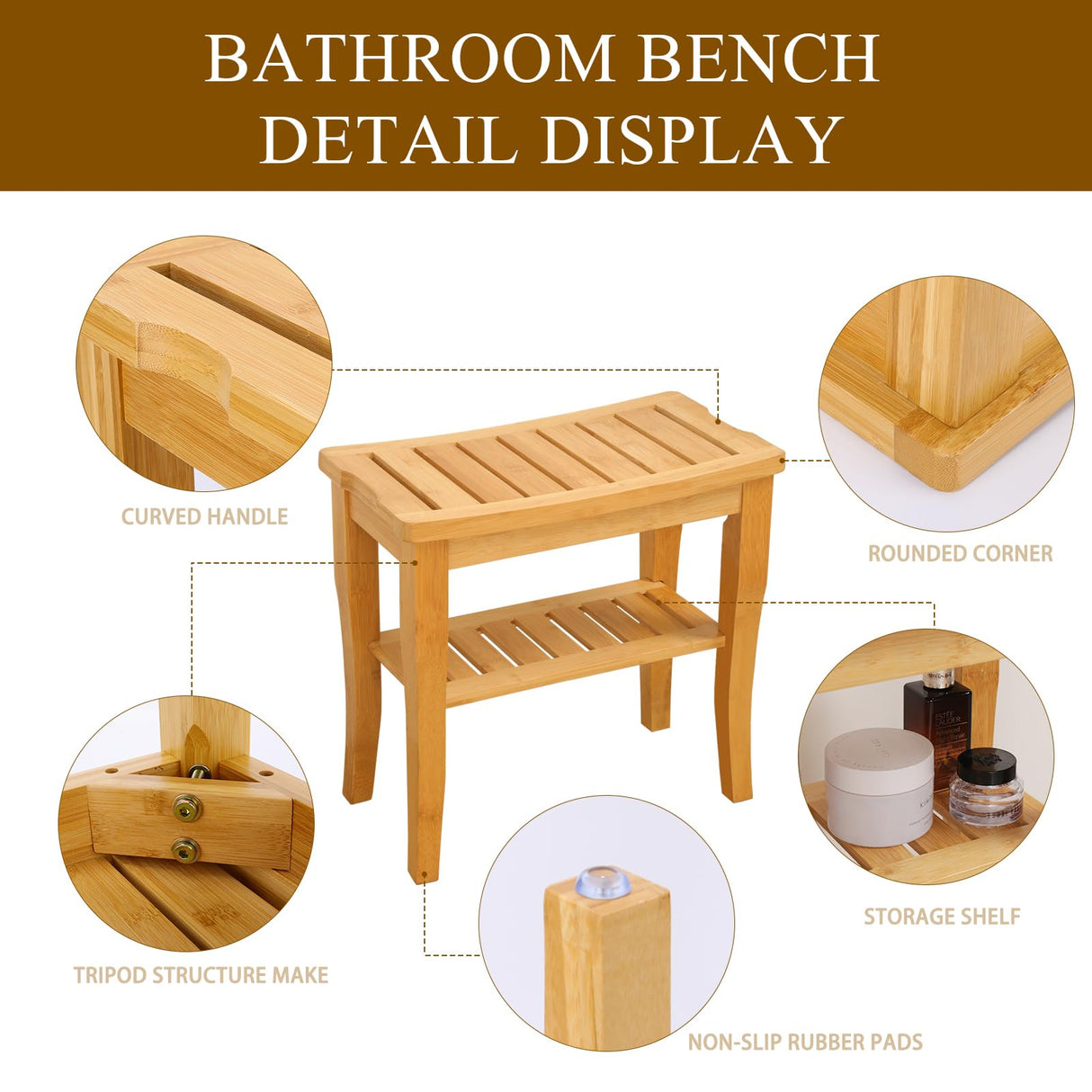 VVW Bamboo Shower Bench - Bathroom Bench Seat with Storage Shelf,19 Inch 2-Tier Wooden Spa Seat Bath Stool for Adults Women Elderly Seniors Wood Shower Chair for Bathtub or Small Spaces(Beige) VVW