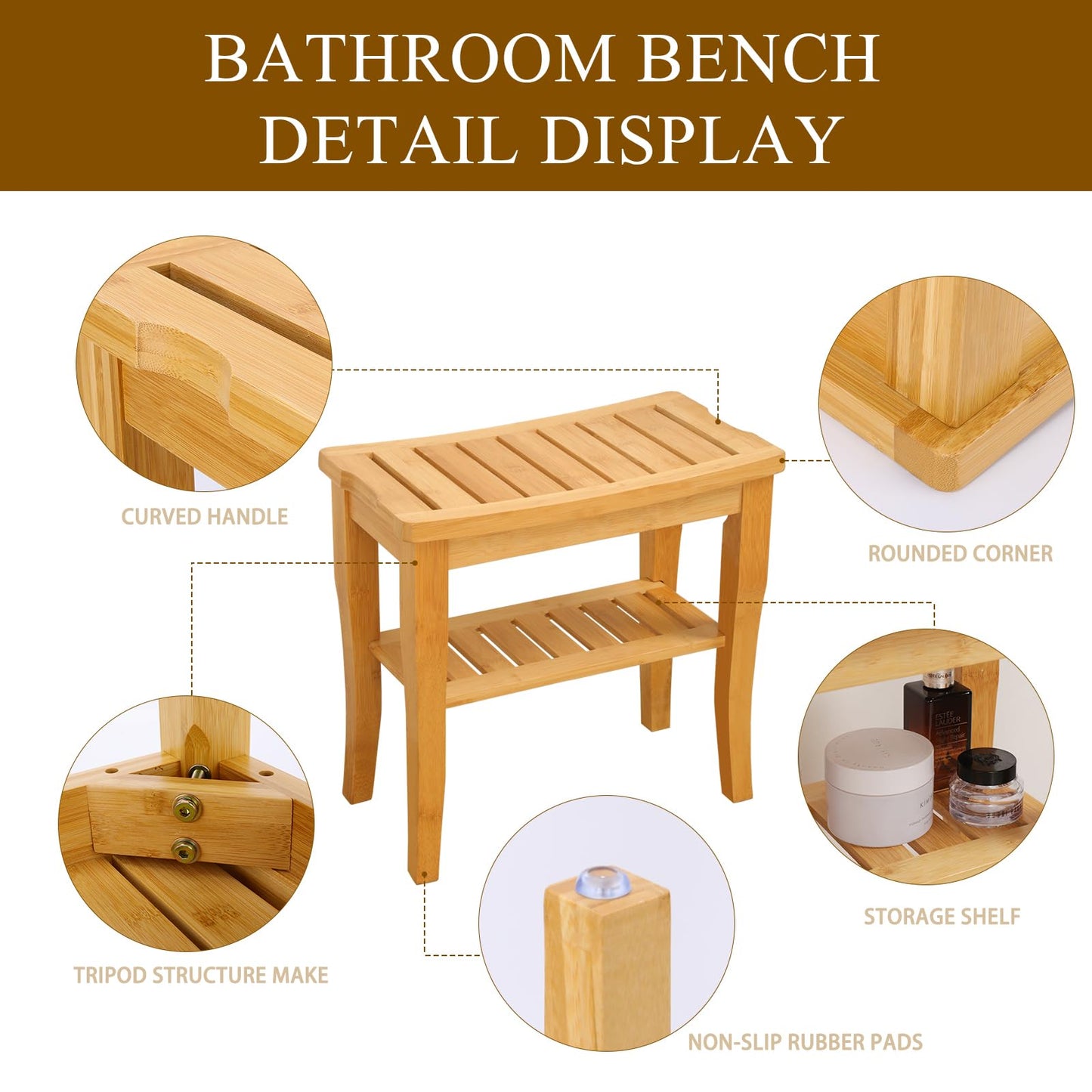 VVW Bamboo Shower Bench - Bathroom Bench Seat with Storage Shelf,19 Inch 2-Tier Wooden Spa Seat Bath Stool for Adults Women Elderly Seniors Wood Shower Chair for Bathtub or Small Spaces(Beige - WoodArtSupply