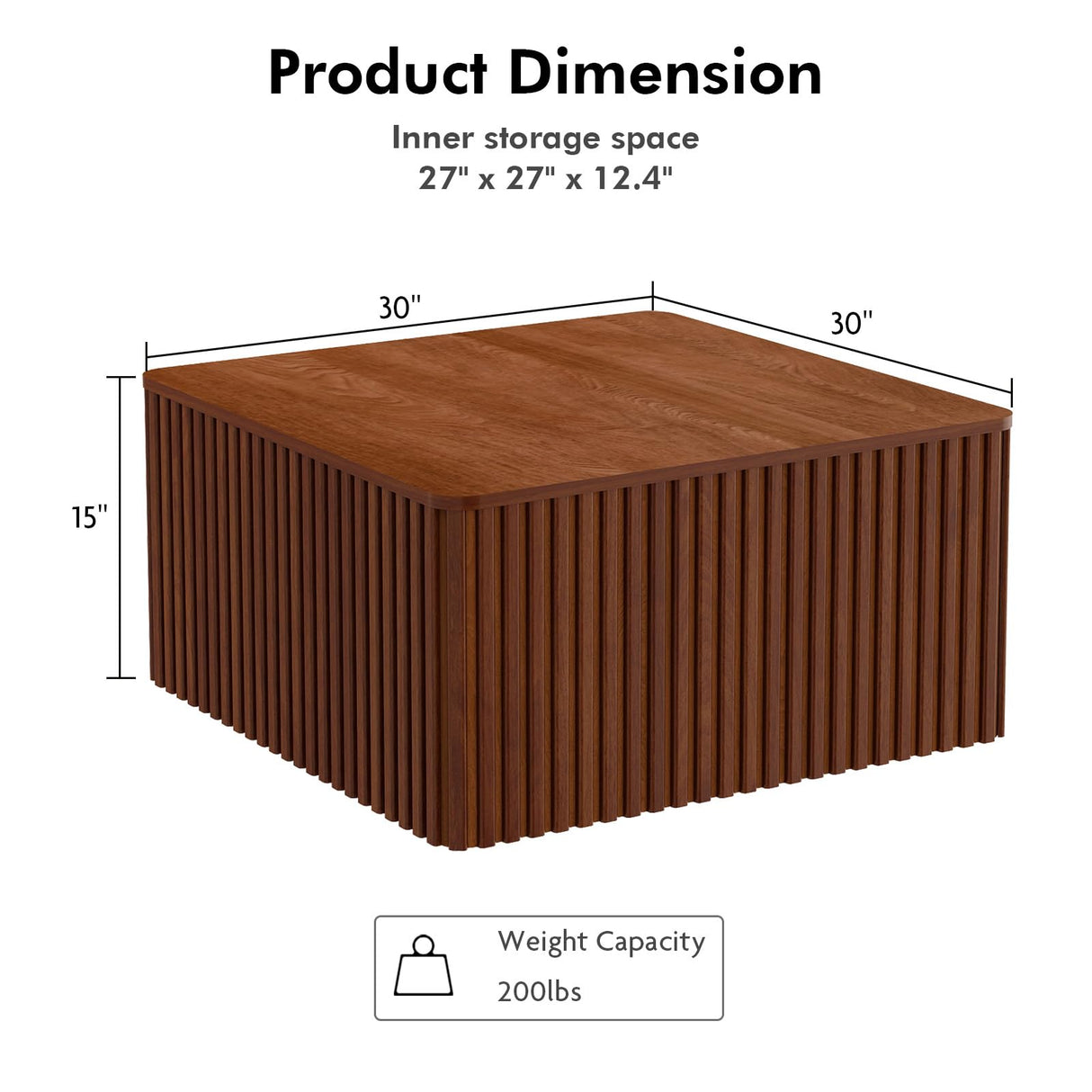 Fluted Square Coffee Table with Storage Large Wood Center Table with Solid Wood Veneer Top Mid Century Modern Low Coffee Table for Living Room, Rustic Brown HOKYHOKY