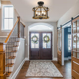 12.5" Farmhouse Semi Flush Mount Ceiling Light,4 Light Drum Rustic Semi Flush Ceiling Light,Black+Vintage Wood-Look Finish Semi Flush Light Fixture for Bedroom、Hallway、Kitchen、Laundry Room ZSANZYU