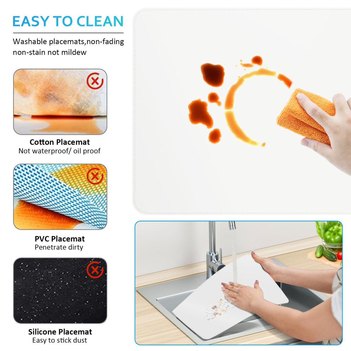 APLKER Vinyl Placemats Set of 6, Heat Resistant Dining Table Placemats Waterproof Washable Wipeable Faux Leather Place Mats and Coasters for Kitchen, Dining, Party & Outdoor (White) APLKER