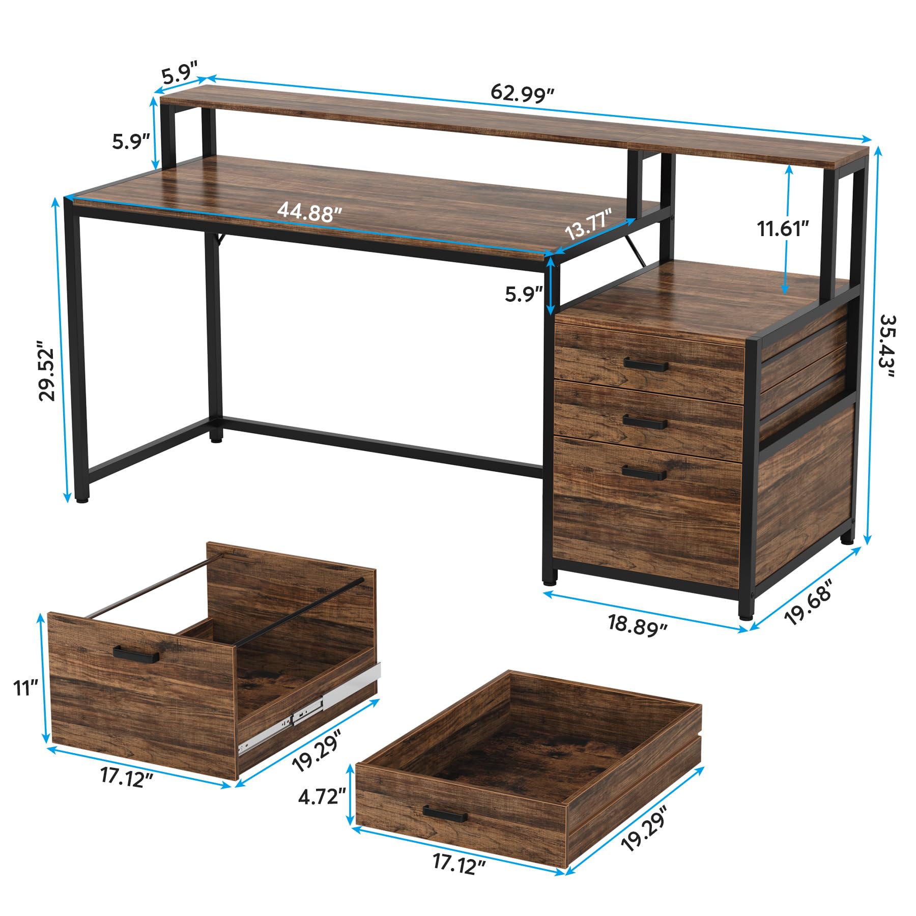 Tribesigns 63 Inch Computer Desk with File Drawer Cabinet, Ergonomic Office Desk with Monitor Stand, Industrial Computer Table with Printer Space, Wood PC Table Workstation Desk for Home Offi - WoodArtSupply