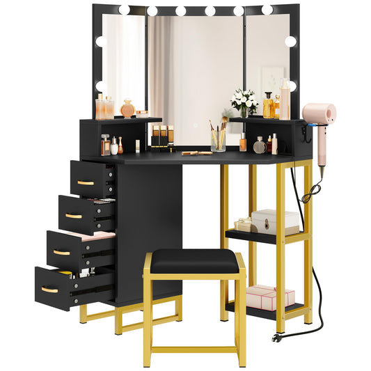 YITAHOME Makeup Vanity with Lights - Vanity Desk with Power Outlet, 3 Color Lighting Options, Corner Vanity with 4 Storage Drawers and Stool for Women Girls, Black