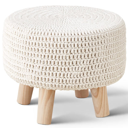 Wimarsbon Pouf Ottoman, 100% Cotton Knitted Boho Footstool, Round Footrest with Non-Skid Wood Legs, Home Décor Handmade Pouffe, Leisure Floor Step Stool for Living Room (Beige)