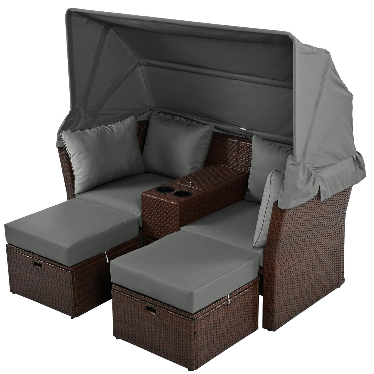 Merax Patio Outdoor Loveseat Sofa Double Daybed Set, 2-Seater with Foldable Awning+Cushions+4 Pillows, for Garden, Balcony, Poolside, Grey Merax