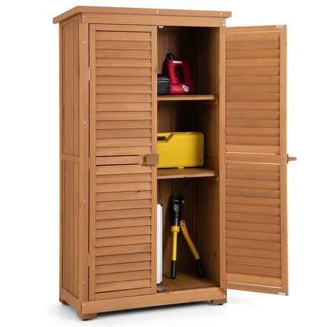Goplus Outdoor Storage Cabinet, 63" Wood Garden Tool Shed with Double Lockable Doors, 3 Shelves and Asphalt Roof, Multipurpose Storage Shed for Patio Lawn Garden Yard, Natural Goplus
