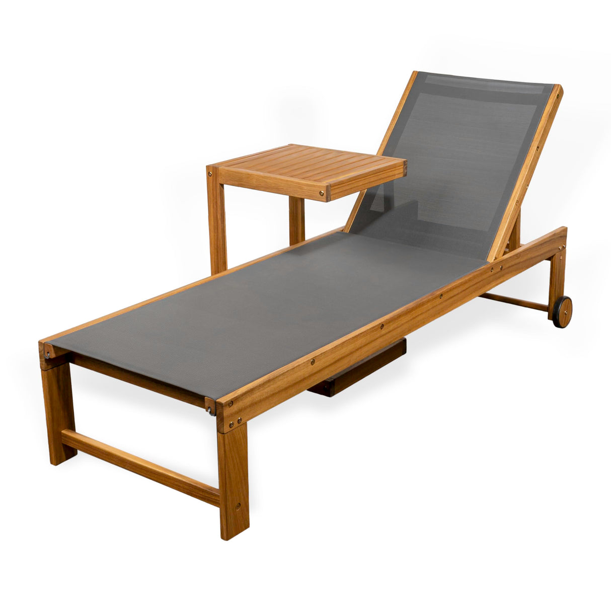 JONATHAN Y LNG1100A-2SET Trabuco Coastal Modern Acacia Wood Mesh 3-Position Outdoor Chaise Lounge Set with Side Table Transitional, Classic, Minimalist, Traditional, Contemporary, Dark Gray/Teak Brown JONATHAN Y