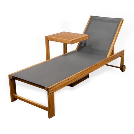 JONATHAN Y LNG1100A-2SET Trabuco Coastal Modern Acacia Wood Mesh 3-Position Outdoor Chaise Lounge Set with Side Table Transitional, Classic, Minimalist, Traditional, Contemporary, Dark Gray/Teak Brown JONATHAN Y