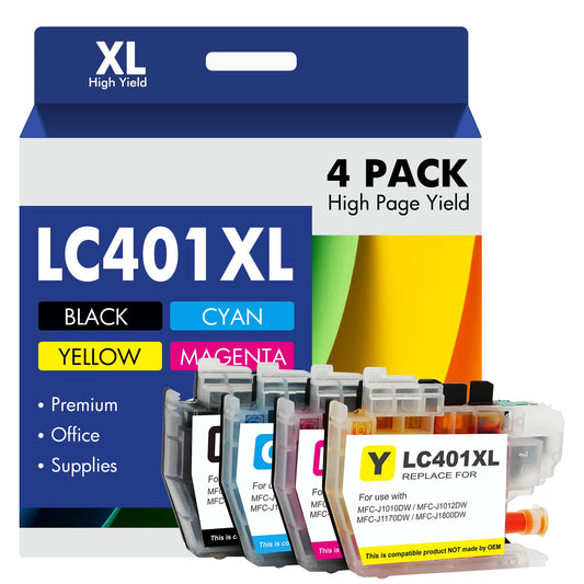 LC401XL LC401 MFC-J1010DW Ink Cartridges for Brother Printer 401XL LC 401 for MFC-J1010DW MFC-J1170DW MFC-J1012DW MFC-J1800DW MFC J1010DW - 4 Pack High Yields Black Cyan Magenta Yellow