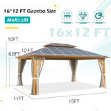 MELLCOM 12x16FT Hardtop Gazebo,Wooden Finish Coated Aluminum Patio Gazebo with Aluminum Composite Double Roof for Patio Lawn and Garden, Curtains and Netting Included MELLCOM