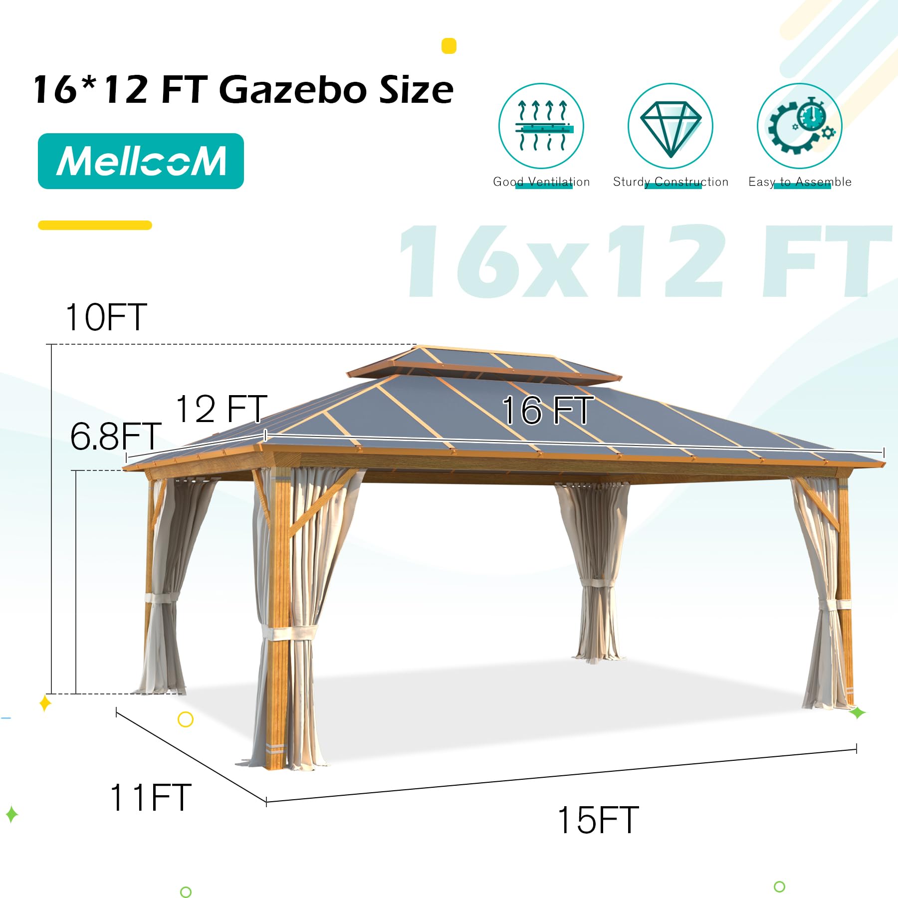 MELLCOM 12x16FT Hardtop Gazebo,Wooden Finish Coated Aluminum Patio Gazebo with Aluminum Composite Double Roof for Patio Lawn and Garden, Curtains and Netting Included - WoodArtSupply